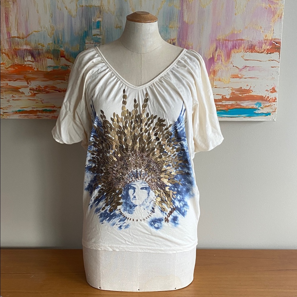 Guess Cream Top with Gold sequins & face motif